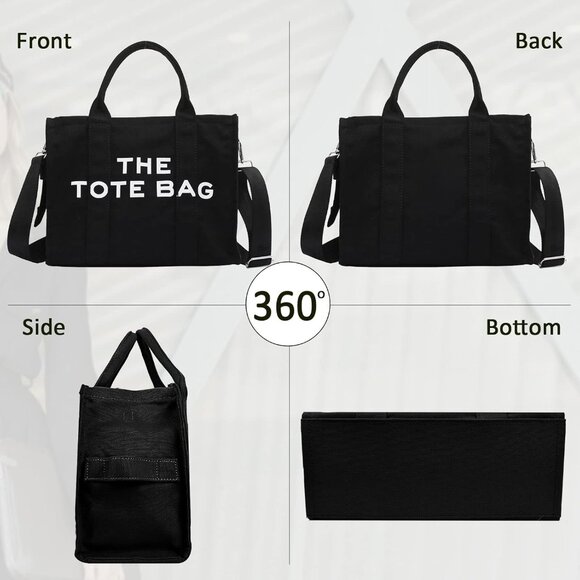 Women Black Personalized Canvas with Zipper Top-Handle Crossbody Tote Handbag - Picture 4 of 7